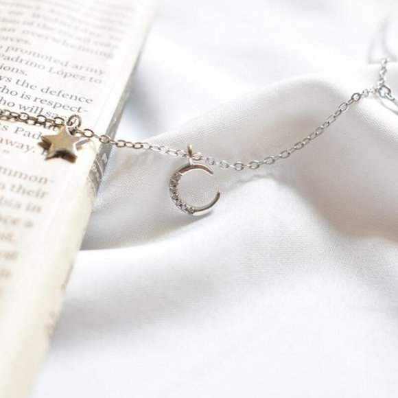 *925 Sterling Silver Diamond Moon Star Necklace E1 - Picture 10 of 14